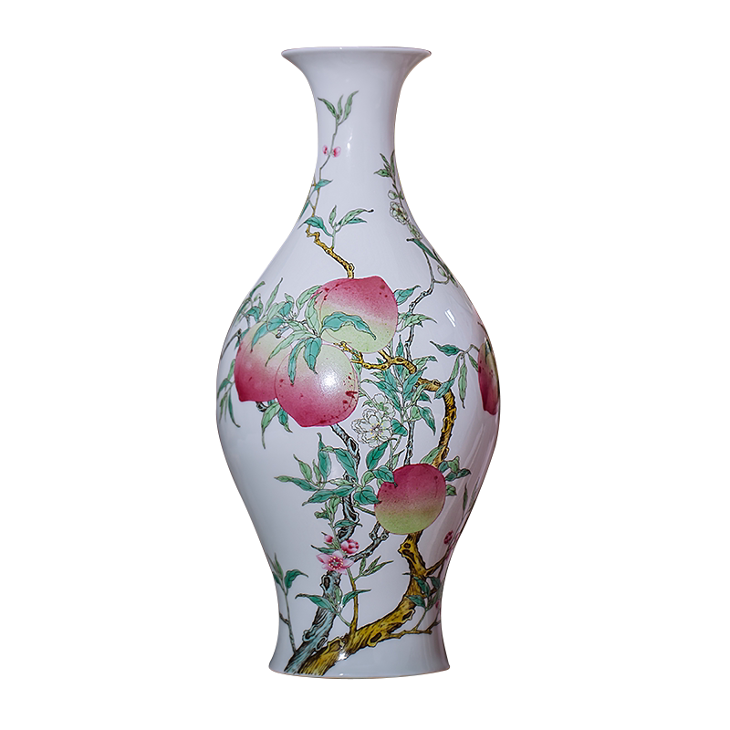 皇窯花瓶粉彩壽桃紋橄欖瓶景德鎮陶瓷器中國風古典家居裝飾品擺件-淘寶
