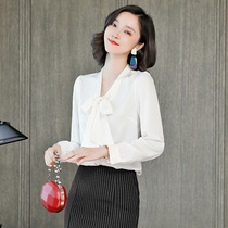 Ji Poetry Philosophy Shirt Woman 2021 Spring Autumn New True Silk Design Sensation Small Crowdv Neckline Butterfly Knot Long Sleeve Blouse