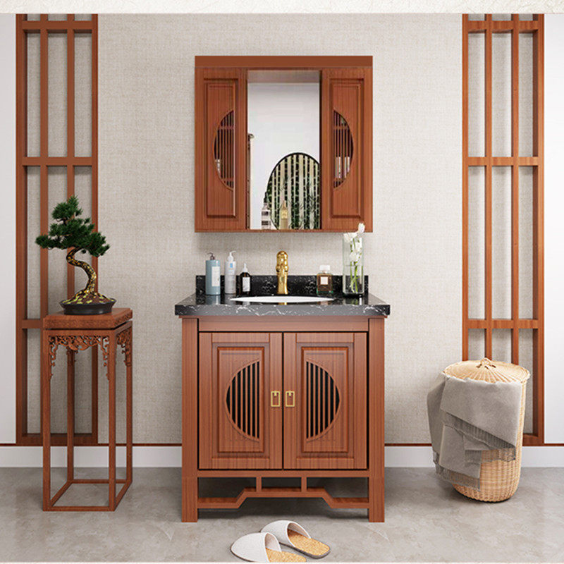 Modern new Chinese bathroom oak hidden feng shui mirror bathroom cabinet combination sliding door solid wood floor washbasin