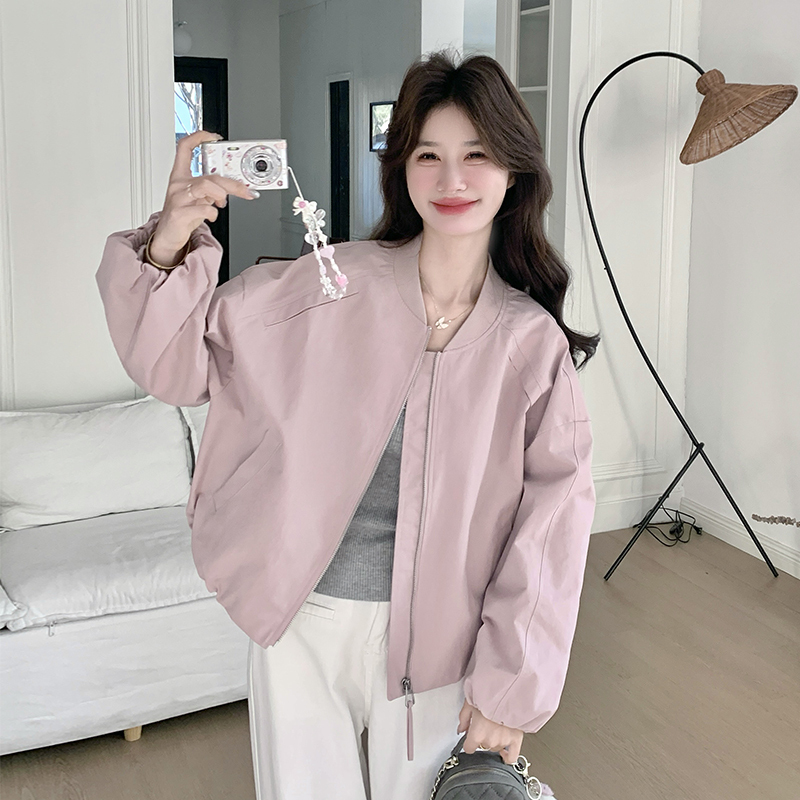 Pink Jacket for Women, Spring 2026 New Korean Style, Gentle Casual Style, Loose and Versatile Baseball Jacket, Short Top