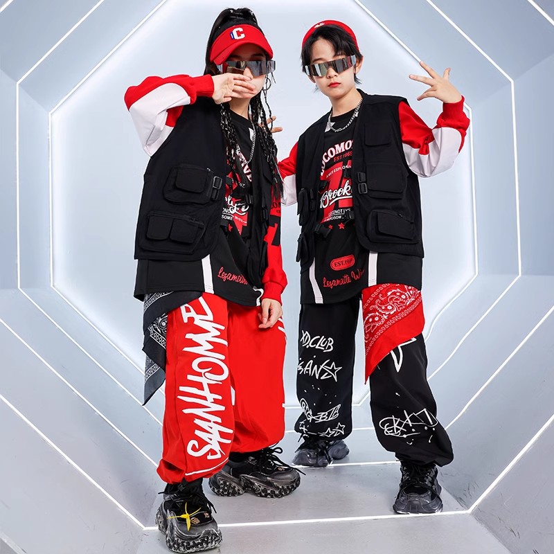 子供用ヒップホップストリートダンスパフォーマンス服、男の子用ヒップホップベストスーツ、女の子用ジャズダンス衣装、クールでハンサムなストリートトレンド。