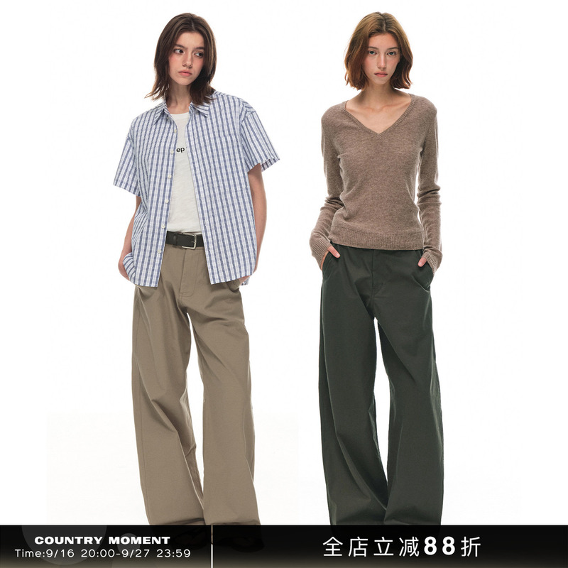 Countrymoment Unisex/Old Money Style Khaki Loose Straight Casual Pants Simple Cargo Pants