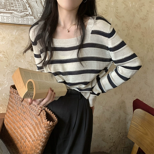 Ретро трикотажный базовый приятный телу демисезонный свитер, квадратный вырез, изысканный стиль