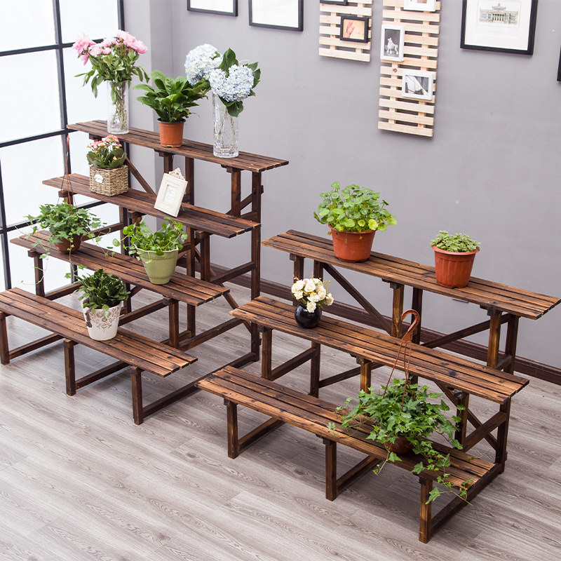 Carbonized anti-corrosion wood flower stand succulent balcony flower stand solid wooden ladder flower pot stand three-layer outdoor multi-layer rack