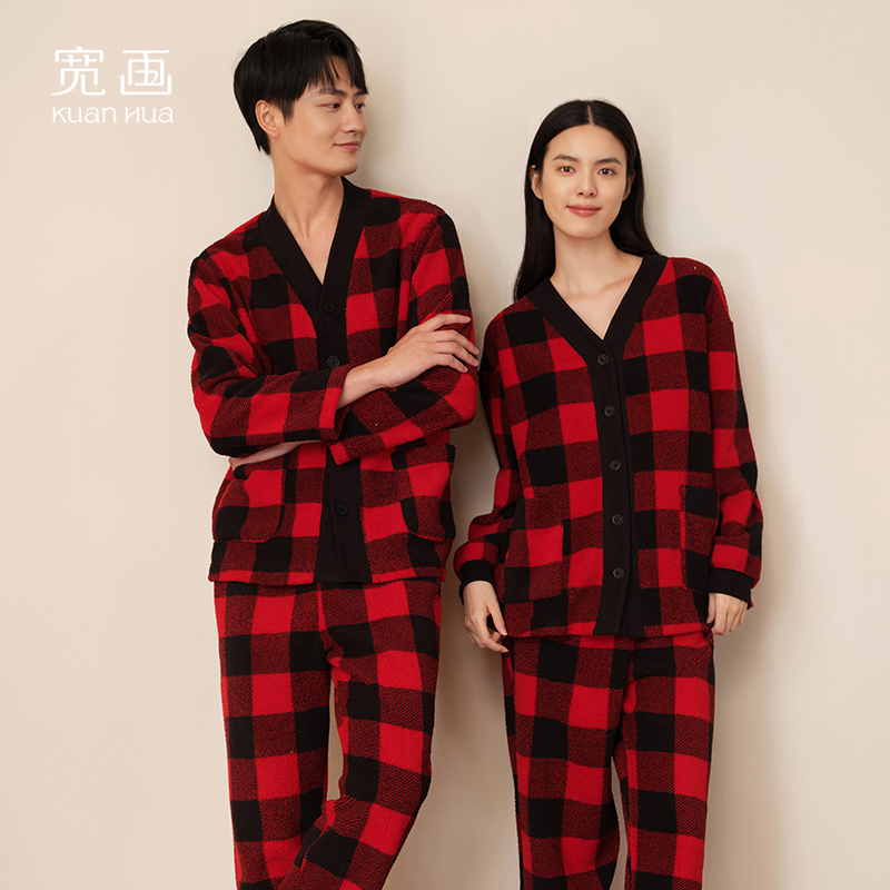 Wide-Patterned Coral Fleece Couple Pajamas, Winter Women's Casual and Comfortable Men's Loungewear, Warm Autumn and Winter Long-Sleeved Plaid