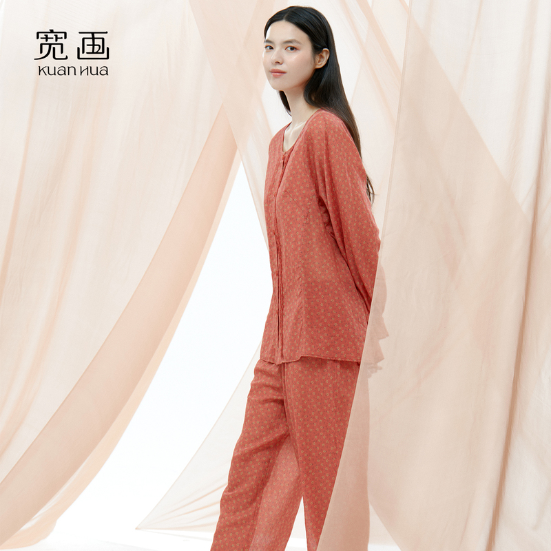 Wide-Stitched [Soft Wrinkle Flower Sleep] New Chinese-Style Pure Cotton Round-Neck Pajama Set, Simple, Comfortable, and Relaxed Loungewear for Women