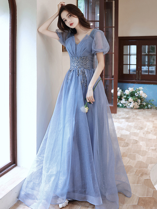 Evening Dress for Women, High-End, Elegant, Light Luxury, Niche, Blue, Suitable for Hosting, Performances, Graduation, Student Art Exams