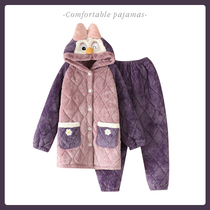 Pajamas Womens Winter Coral Suede Triple Clip Cotton Thickened Warm Cute Katong Lian Hat Flannel is in the autumn and winter