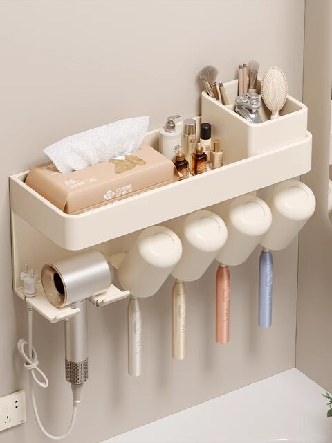 Bathroom Storage Rack, Multifunctional Hair Dryer and Tissue Box Organizer, Bathroom Towel Rack, Cream White, No Drilling Required