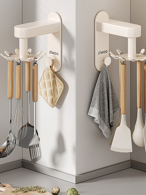 Kitchen Hook for Hanging Spoons, Spatulas, and Cooking Utensils, No-Drill, Movable, Integrated Rotating Rack Finechi