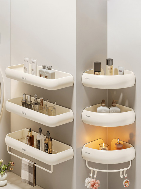 Finechi Natural Wood Style Bathroom Shelf, No-Drill Washstand, Bathroom Toilet Shower Triangle F1 Series