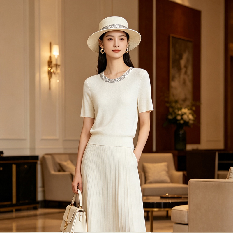 【Brilliant Star Language】Lyocell Simple Sparkling Diamond Round Neck Slimming Knitted Top 361351