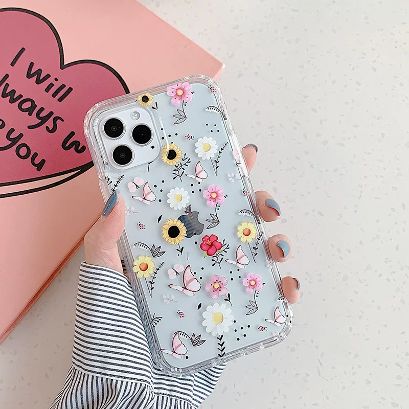 Кейс с 3D рельефным рисунком цветок для iPhone 11 Pro Max X XS MAX 7 8 Plus SE2020, мягкий бампер, прозрачный