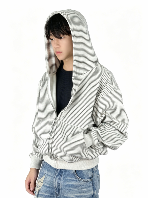 Quiet Zephyr Striped Silver Fox Velvet Autumn and Winter Hooded Zipper Sweatshirt Jacket Short Wide Hoodie Versatile for Commuting
