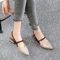 Xingning Shop summer explosions 2021 pure leather bag head sandals thick heel pointed flat shoes show high leg length