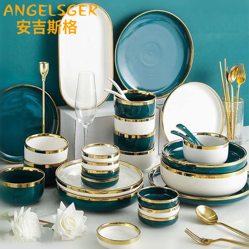ANGELSGER Light luxury Nordic tableware set Ceramic bowl Simple creative plate combination Household dish set