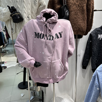 X2 Korean version of Dongdaemun 2022 winter new design letter print hooded fleece sweater cardigan jacket female