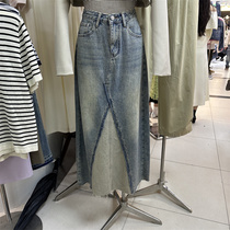 TN 2023 Spring Han edition French retro high waist fork design small crowd hair side long cowboy half - body dress female