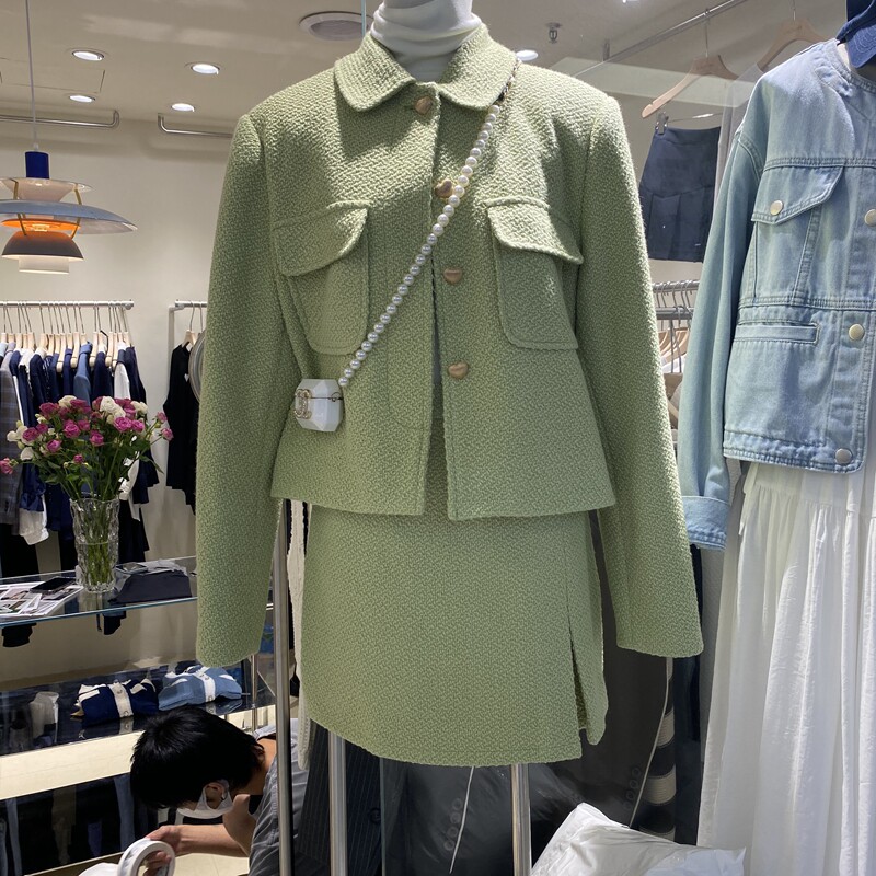 2021 autumn new Korean Dongdaemun fashion small fragrance style lapel jacket short high waist slit skirt