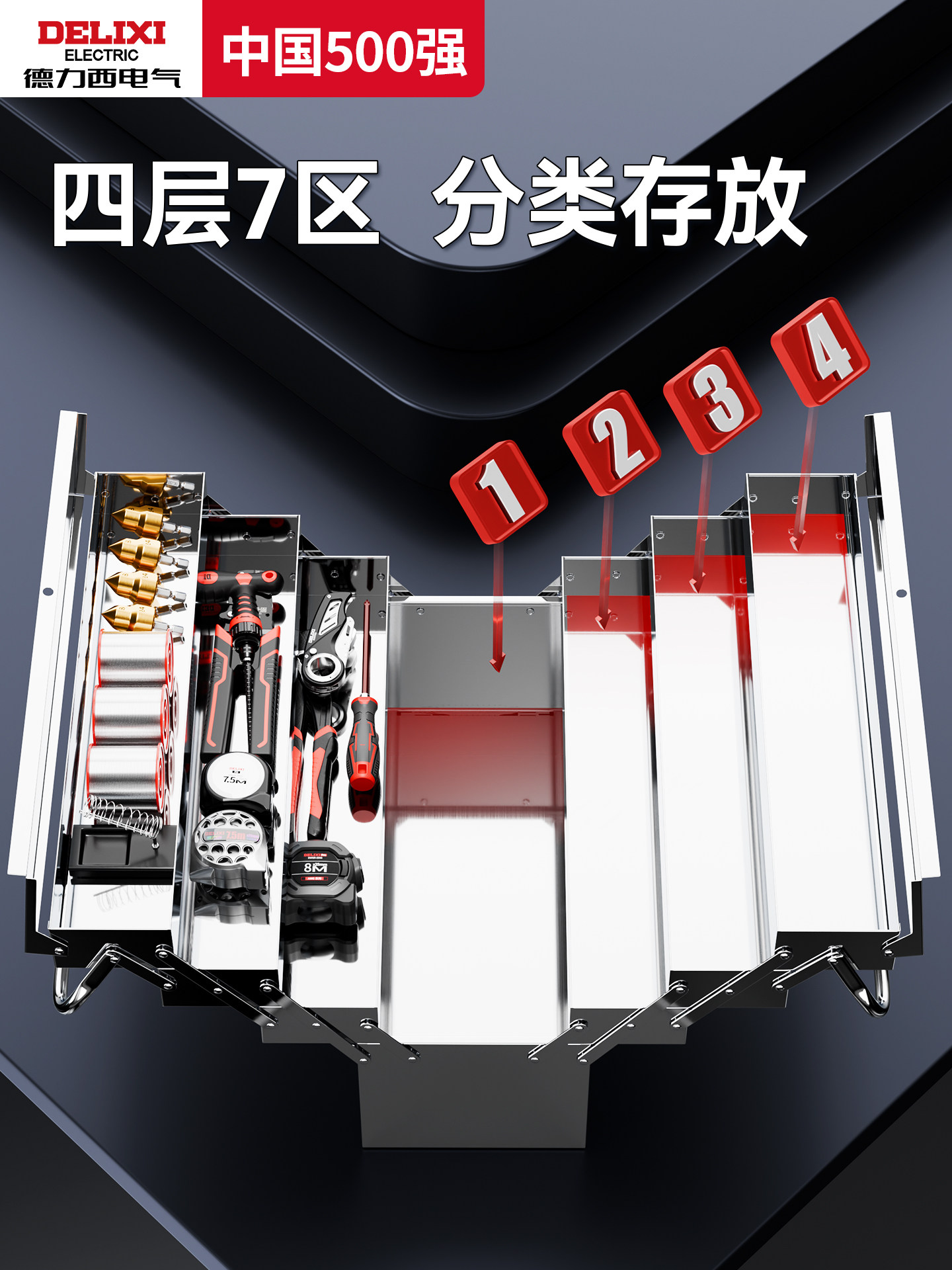 Delixi Stainless Steel Tool Box, Multi-Functional Household Hardware Three-Layer Foldable Car-Mounted Iron Sheet Industrial-Grade Storage Box