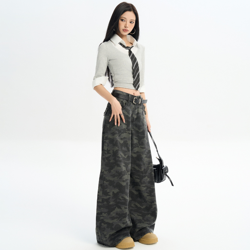 American High Street Camouflage Wide-Leg Jeans for Women, Spring 2026 New Retro Loose High-Waisted Workwear Straight Pants American High Street Camouflage Wide-Leg Jeans for Women, Spring 2026 New Retro Loose High-Waisted Workwear Straight Pants