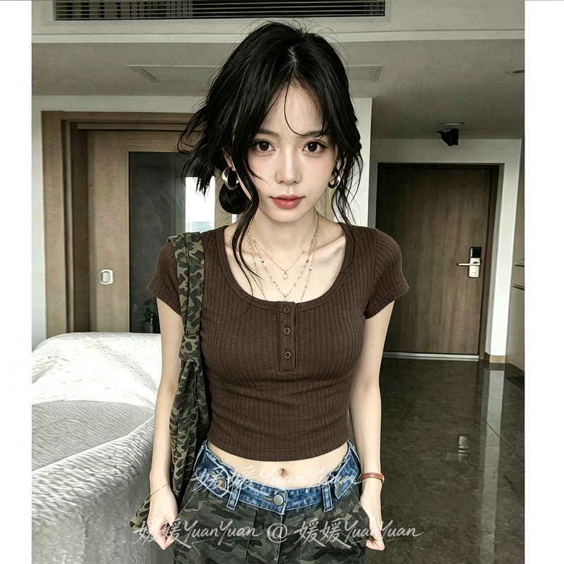 Solid Color High-Waisted Short Crop Top with Short Sleeves for Women, 2026 Summer Design, Ribbed Slim Fit Button-Up Top for Petite Figures Solid Color High-Waisted Short Crop Top with Short Sleeves for Women, 2026 Summer Design, Ribbed Slim Fit Button-Up Top for Petite Figures