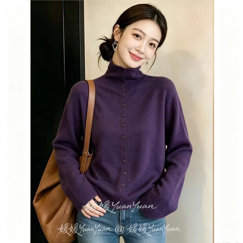 Half-Turtleneck Single-Breasted Knit Sweater for Women, 2026 Autumn and Winter, Purple, Flattering, Soft and Cozy, Stylish and Slimming Top