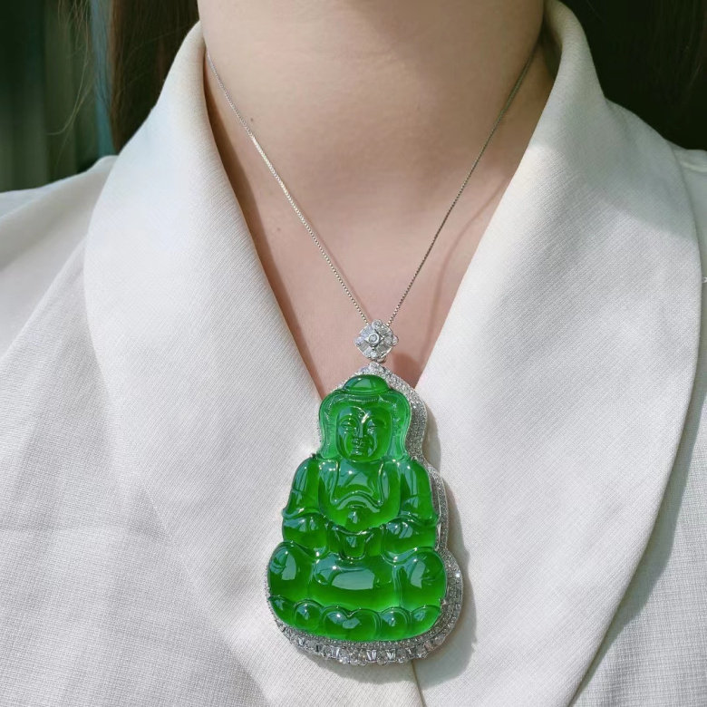 冰种翡翠观音吊坠天然18K金镶嵌缅甸辣绿翡翠佛公男女款-Taobao-Tmall