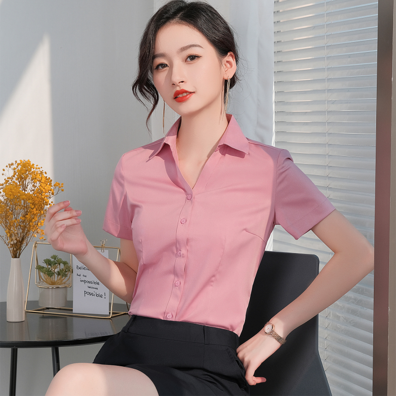 Pink V-Neck Shirt for Women, Elastic Short-Sleeve, New Design, Niche White Shirt, High-End, Elegant, Professional Workwear