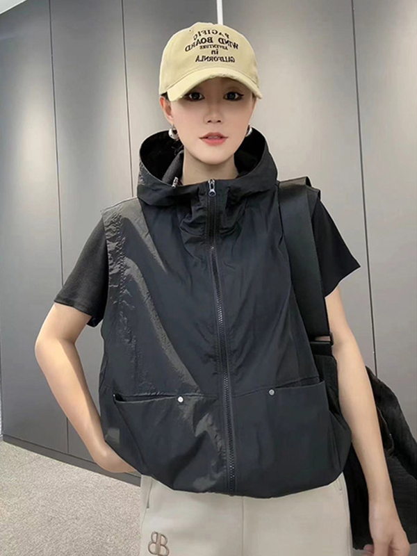 Sun Protection Hooded Vest Jacket for Women 2026 New Summer Loose Sleeveless Zipper Cardigan Ice Silk Vest Top
