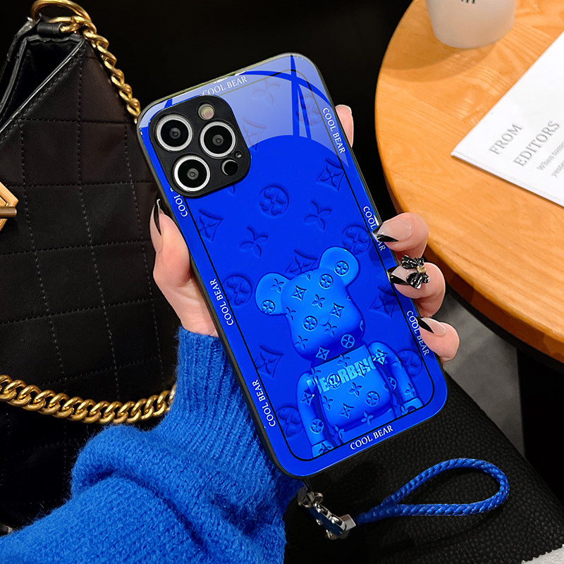 High Sense Klein Blue Violent Bear Apple 12promax Mobile Phone Protection Shell Woman 11 ultra-thin glass iphone13 full package lens 8plus sling xs anti-fall xr personality