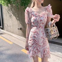 Summer new small sub-broken flower snowspun hympanned dress cashew with slim temperament sweet and beautiful French first date dresses