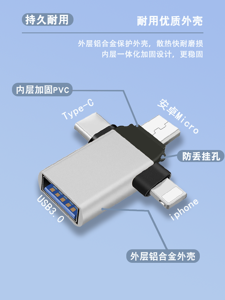 Mobile Phone Converter USB to USB Flash Drive Compatible with Apple, Android, Type-C, Huawei Three-In-One Otg Adapter Vivo