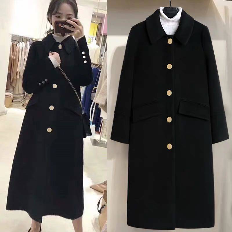 Black Cashmere Coat Woman Middle - Long - Edition Fall Winter 2022 new retro - age doll with thicker coat