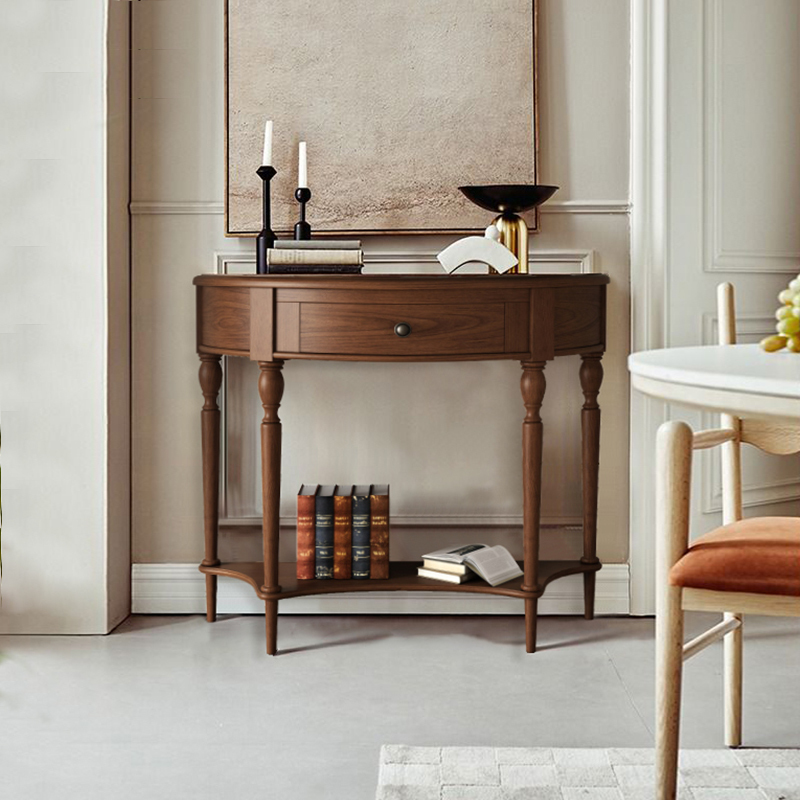French-Style Vintage Solid Wood Entryway Cabinet, Semi-Circular Foyer Table, Living Room Partition Cabinet, Hallway Aisle Facing Foyer Cabinet