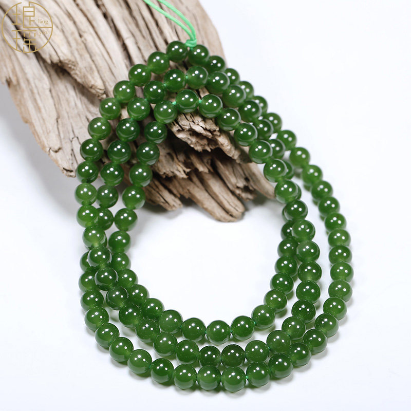Langyao Xinjiang Hetian Jade bead necklace Laokeng Jasper ice bottom spinach green men and women 6-10mm jade bead chain