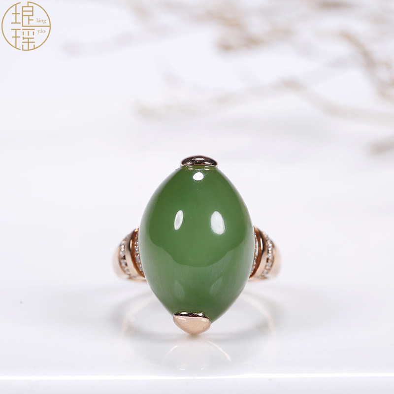 Luang Yao Xinjiang and Tian Yubei jade ring Ladies in the ice bottom up with fluorescent cat eye gold inlaid jade ring with certificate