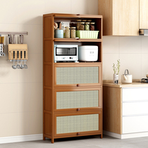 Bamboo storage cabinet imitation rattan multi-functional kitchen shelf floor-standing multi-layer breathable cupboard with cabinet door microwave oven