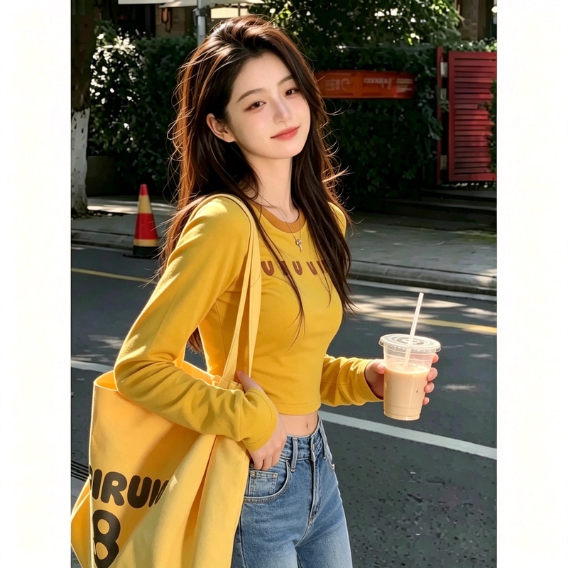 Dopamine Yellow Autumn New Long-Sleeve T-Shirt for Women, Slim Fit, Short Style, Cropped, Versatile Top, Flattering for Women's Fashion