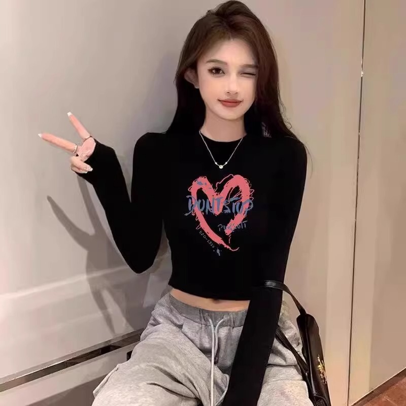 Black Korean Style Regular Shoulder Sweet and Cool Short Base Shirt, Autumn Casual Sexy Crop Top Long Sleeve T-Shirt Women's Clothing ins Tops