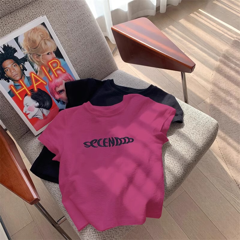 Rose Red Dopamine Right Shoulder Short Women's Summer High-End Pure Cotton Slim Slim Short-Sleeved Style T-Shirt Top