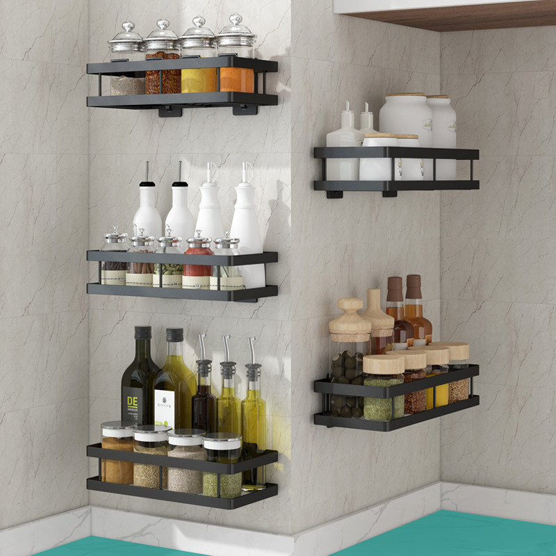 Beauty High Treasure Kitchen Condiment Shelve Shelf Wall-mounted Free of perforated Seasoning Bottle Supplies Large Full Contained Black