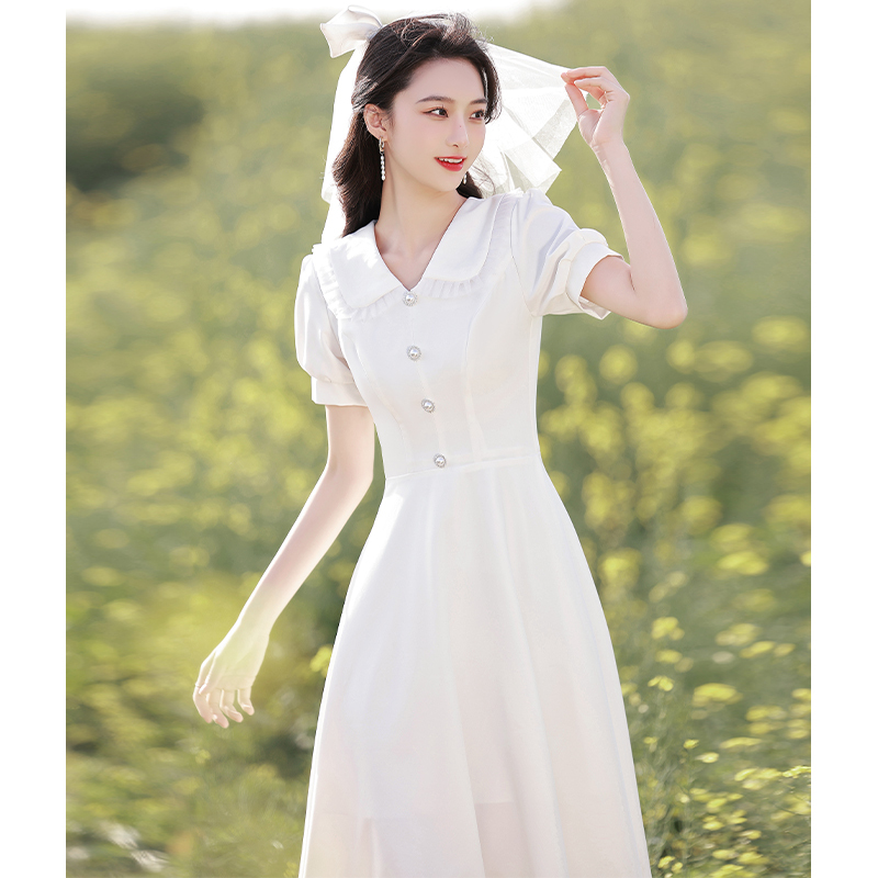 White Little Dress, French-Style Light Wedding Dress, Can Be Worn Casually for Marriage Registration, Birthday, Engagement, Dress with a Doll Collar That Makes You Look Slimmer