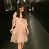 Bubble sleeve super fairy forest French gentle wind long dress Tea break bellflower design niche dress early autumn