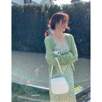 2021 new fall little fresh tea hysterone windy green harness broken flowers Two suits Dress Dress Summer