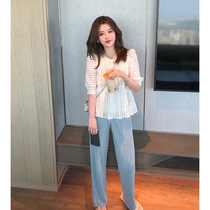 Small balsamic wind 2021 shirt broadlegged pants fall port Wind retro chic decor fashion foreign pistachio Two suits women summer