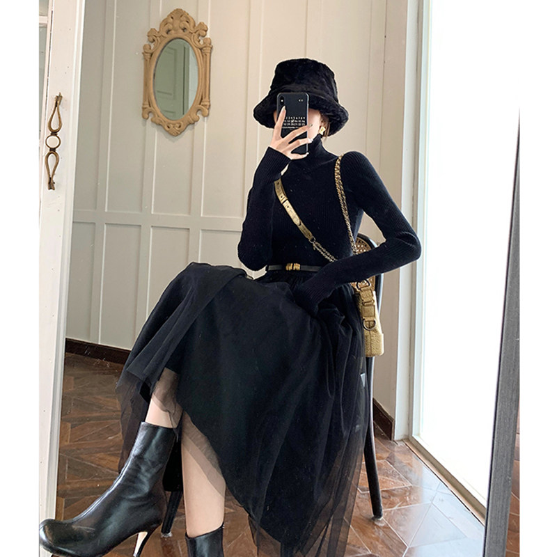Small black dress new style overknee knit sweater long version Hebbon wind beating bottom inner lap for children autumn and winter