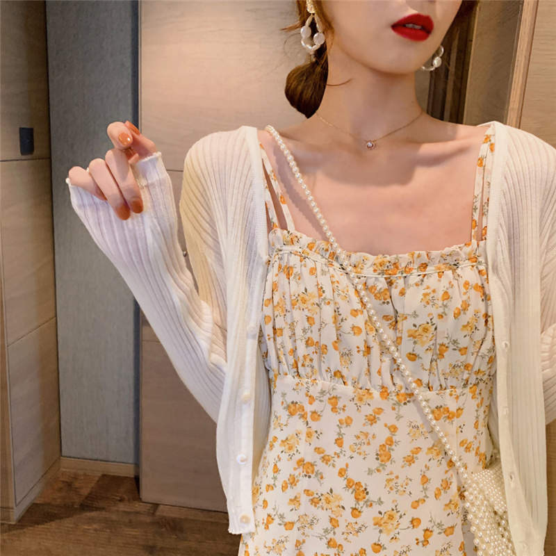 Tea break French retro autumn hanging with super fairy sweet soft flower first love two-piece suit dress