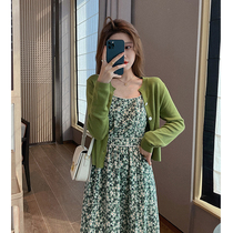 Tea break Balloon Flower style retro autumn green harness Broken Flowers Snowspinning first Love Two suits Dress Children Summer