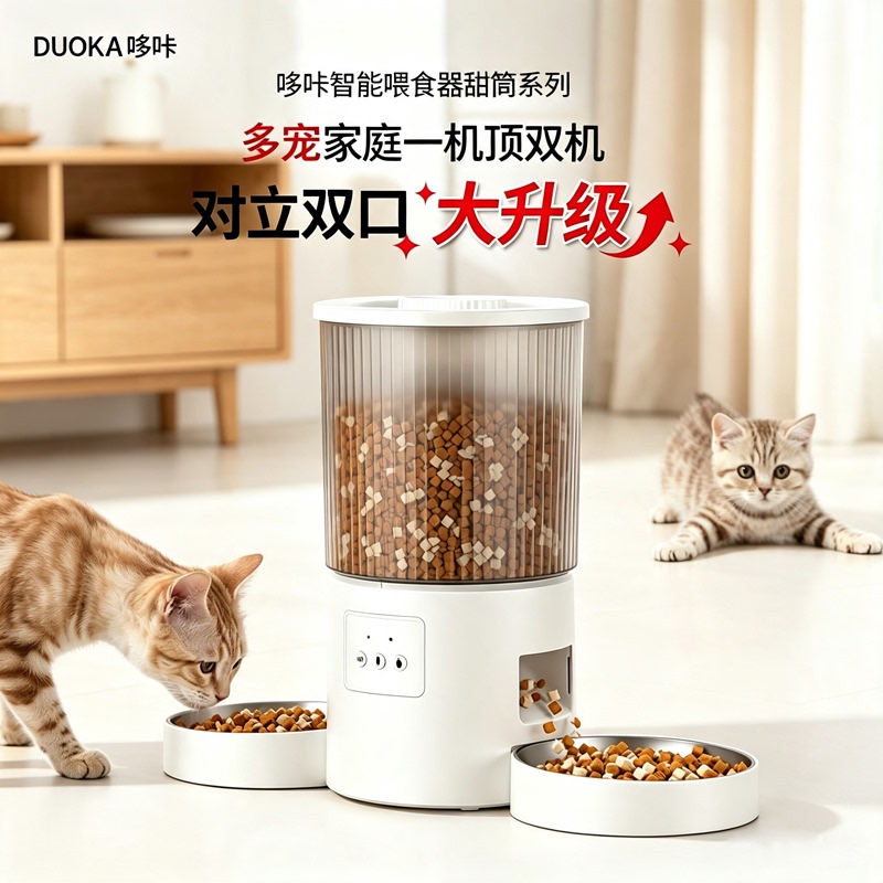 Duoka Automatic Feeder with Double Bowls for Cats, Timed and Quantitative Feeding, Smart Feeding Machine for Dogs, Remote Control Wifi
